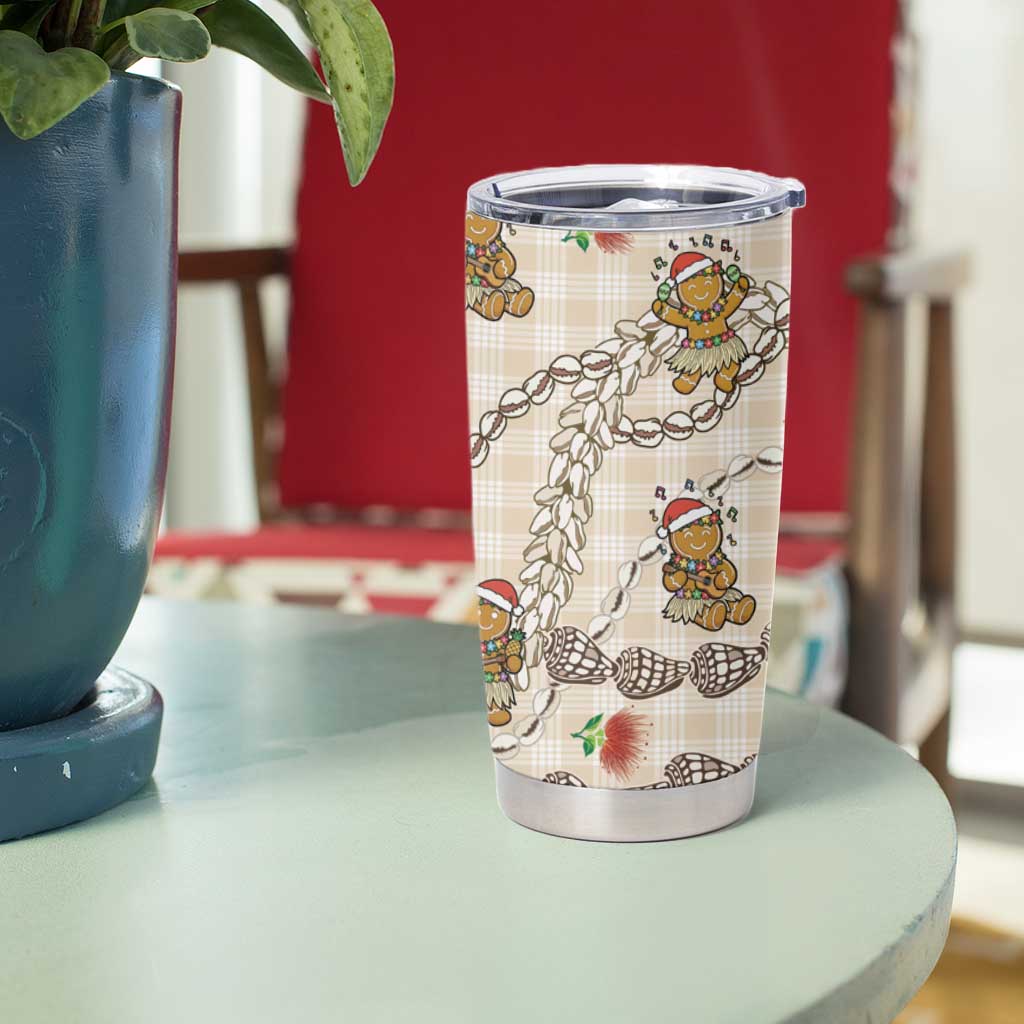 Beige Palaka Hawaii Mele Kalikimaka Tumbler Cup Ohia Lehua Shell Leis Funny Gingerbread Santa LT14 - Polynesian Pride