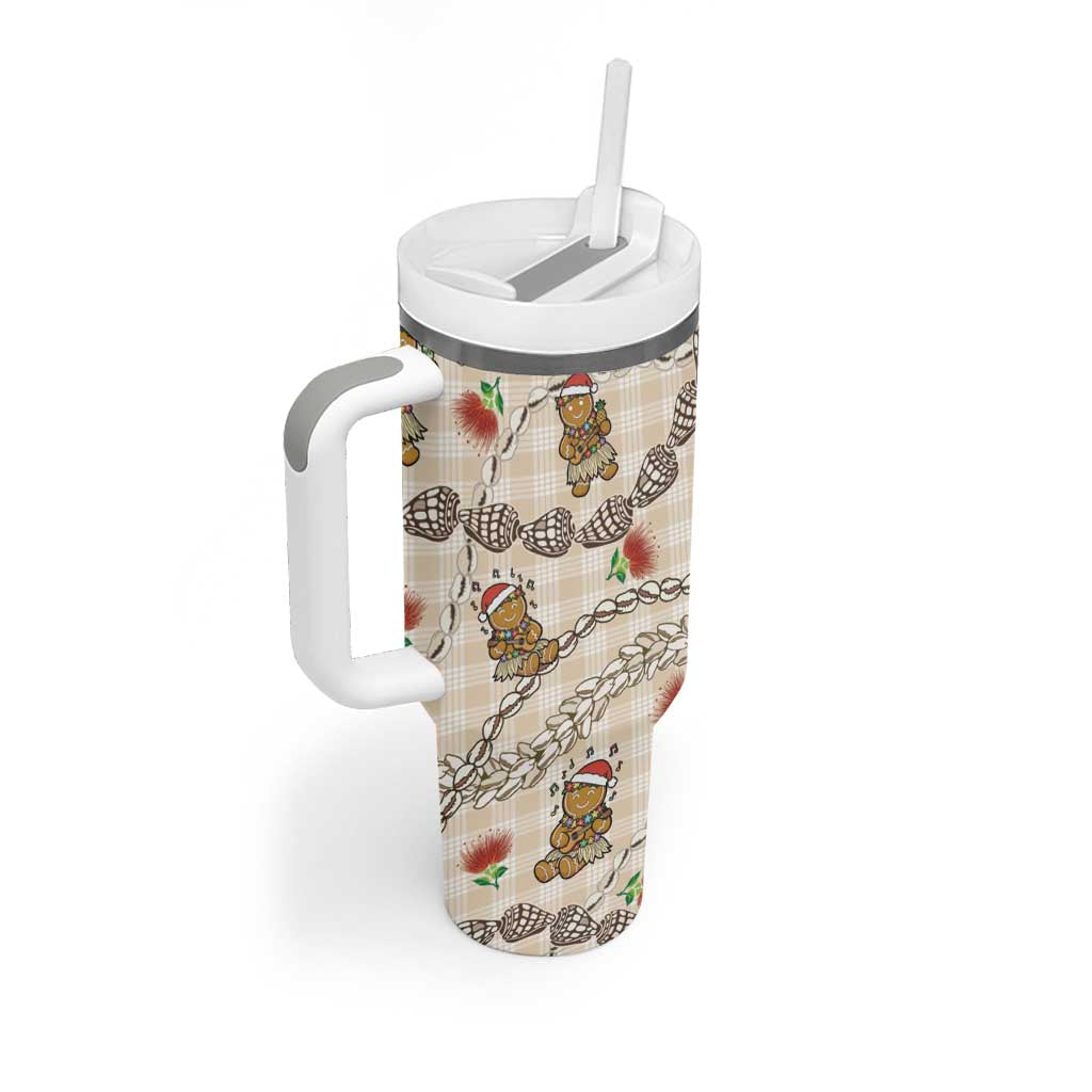 Beige Palaka Hawaii Mele Kalikimaka Tumbler With Handle Ohia Lehua Shell Leis Funny Gingerbread Santa - Polynesian Pride