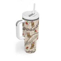 Beige Palaka Hawaii Mele Kalikimaka Tumbler With Handle Ohia Lehua Shell Leis Funny Gingerbread Santa - Polynesian Pride