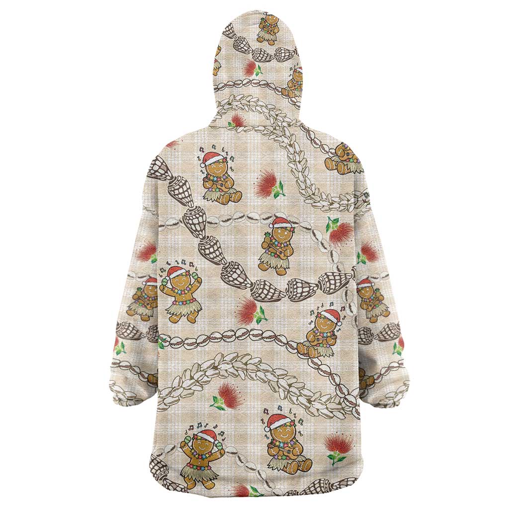 Beige Palaka Hawaii Mele Kalikimaka Wearable Blanket Hoodie Ohia Lehua Shell Leis Funny Gingerbread Santa LT14 - Polynesian Pride