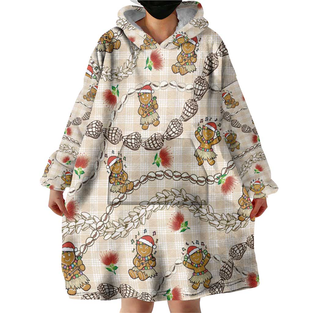 Beige Palaka Hawaii Mele Kalikimaka Wearable Blanket Hoodie Ohia Lehua Shell Leis Funny Gingerbread Santa LT14 - Polynesian Pride