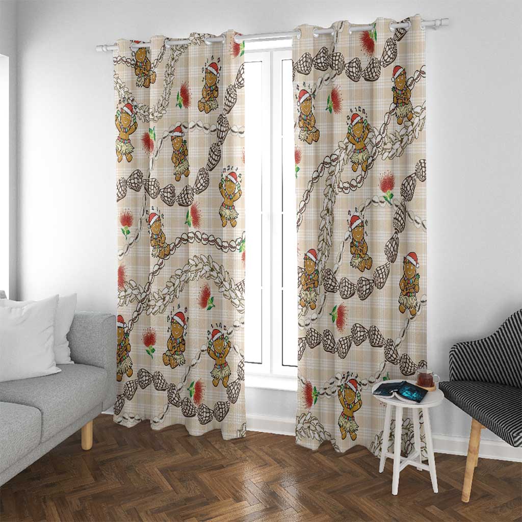 Beige Palaka Hawaii Mele Kalikimaka Window Curtain Ohia Lehua Shell Leis Funny Gingerbread Santa - Polynesian Pride