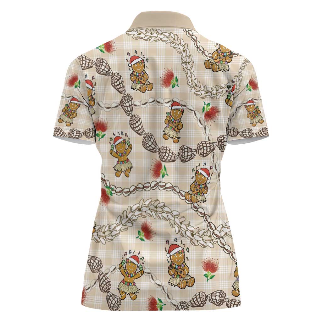 Beige Palaka Hawaii Mele Kalikimaka Women Polo Shirt Ohia Lehua Shell Leis Funny Gingerbread Santa - Polynesian Pride