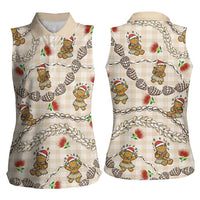 Beige Palaka Hawaii Mele Kalikimaka Women Sleeveless Polo Shirt Ohia Lehua Shell Leis Funny Gingerbread Santa LT14 - Polynesian Pride