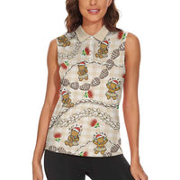 Beige Palaka Hawaii Mele Kalikimaka Women Sleeveless Polo Shirt Ohia Lehua Shell Leis Funny Gingerbread Santa LT14 - Polynesian Pride