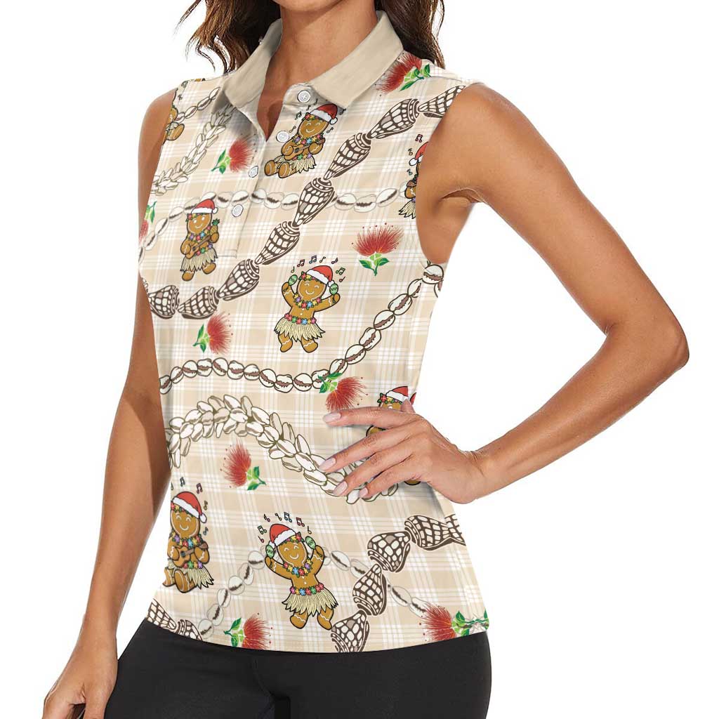 Beige Palaka Hawaii Mele Kalikimaka Women Sleeveless Polo Shirt Ohia Lehua Shell Leis Funny Gingerbread Santa LT14 - Polynesian Pride