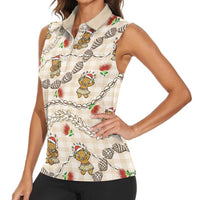 Beige Palaka Hawaii Mele Kalikimaka Women Sleeveless Polo Shirt Ohia Lehua Shell Leis Funny Gingerbread Santa LT14 - Polynesian Pride