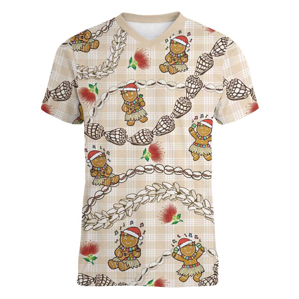 Beige Palaka Hawaii Mele Kalikimaka Women V-Neck T-Shirt Ohia Lehua Shell Leis Funny Gingerbread Santa LT14 Female Beige - Polynesian Pride