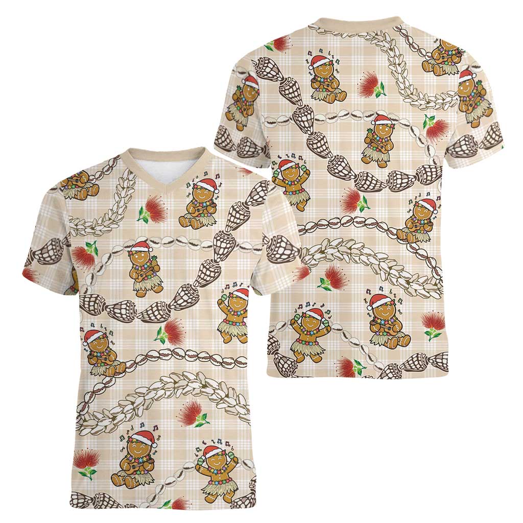 Beige Palaka Hawaii Mele Kalikimaka Women V-Neck T-Shirt Ohia Lehua Shell Leis Funny Gingerbread Santa LT14 - Polynesian Pride