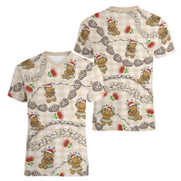 Beige Palaka Hawaii Mele Kalikimaka Women V-Neck T-Shirt Ohia Lehua Shell Leis Funny Gingerbread Santa LT14 - Polynesian Pride