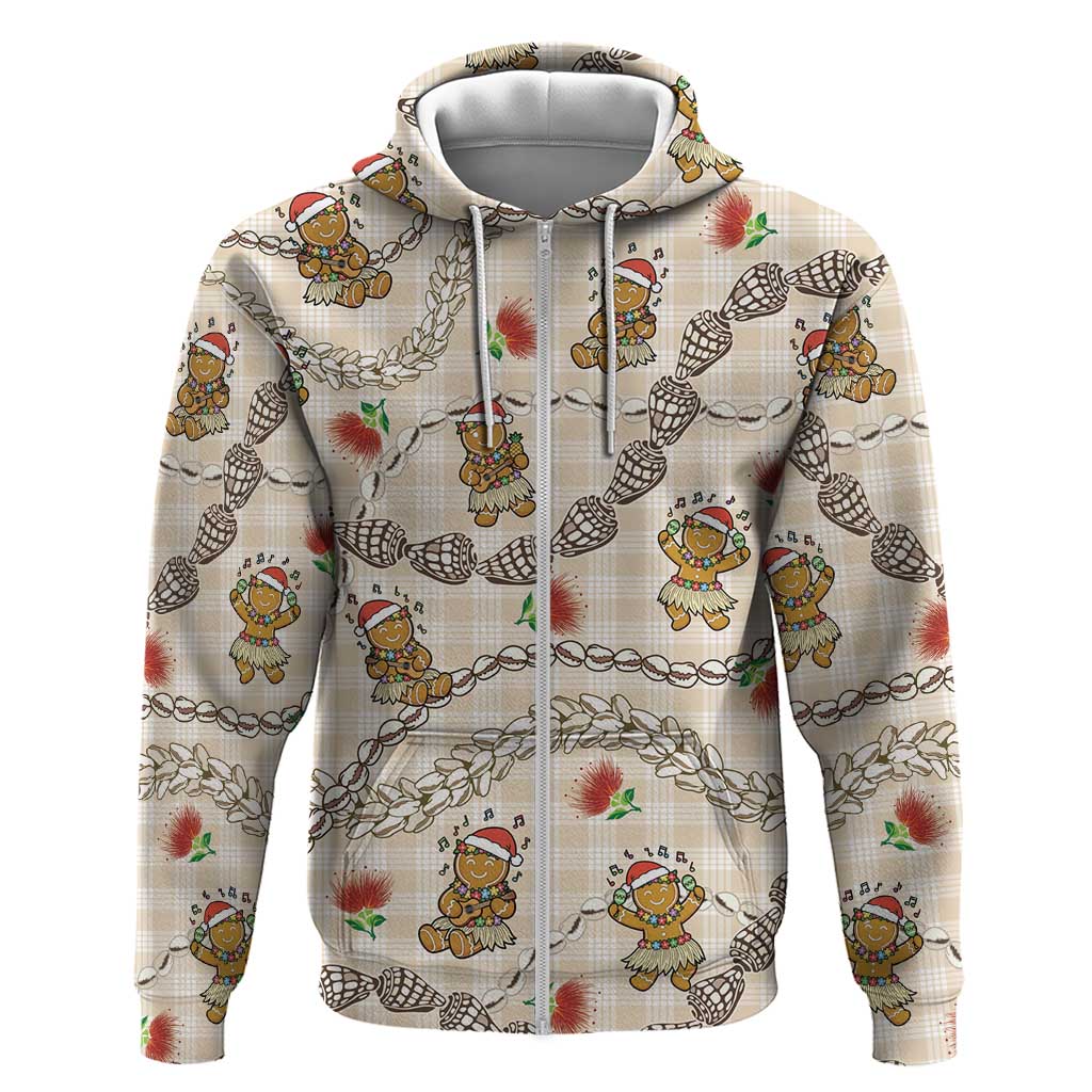 Beige Palaka Hawaii Mele Kalikimaka Zip Hoodie Ohia Lehua Shell Leis Funny Gingerbread Santa LT14 Zip Hoodie Beige - Polynesian Pride
