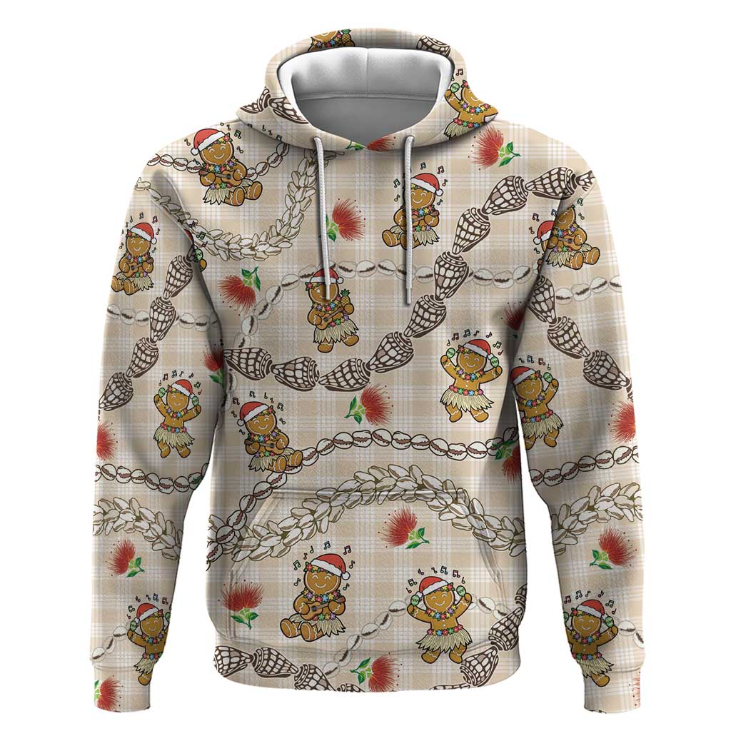 Beige Palaka Hawaii Mele Kalikimaka Zip Hoodie Ohia Lehua Shell Leis Funny Gingerbread Santa LT14 Pullover Hoodie Beige - Polynesian Pride