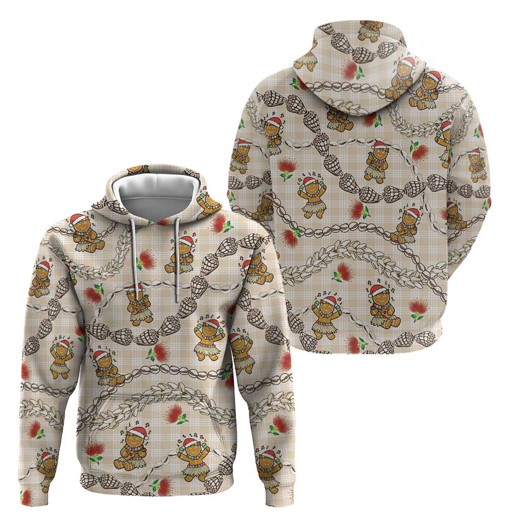 Beige Palaka Hawaii Mele Kalikimaka Zip Hoodie Ohia Lehua Shell Leis Funny Gingerbread Santa LT14 - Polynesian Pride