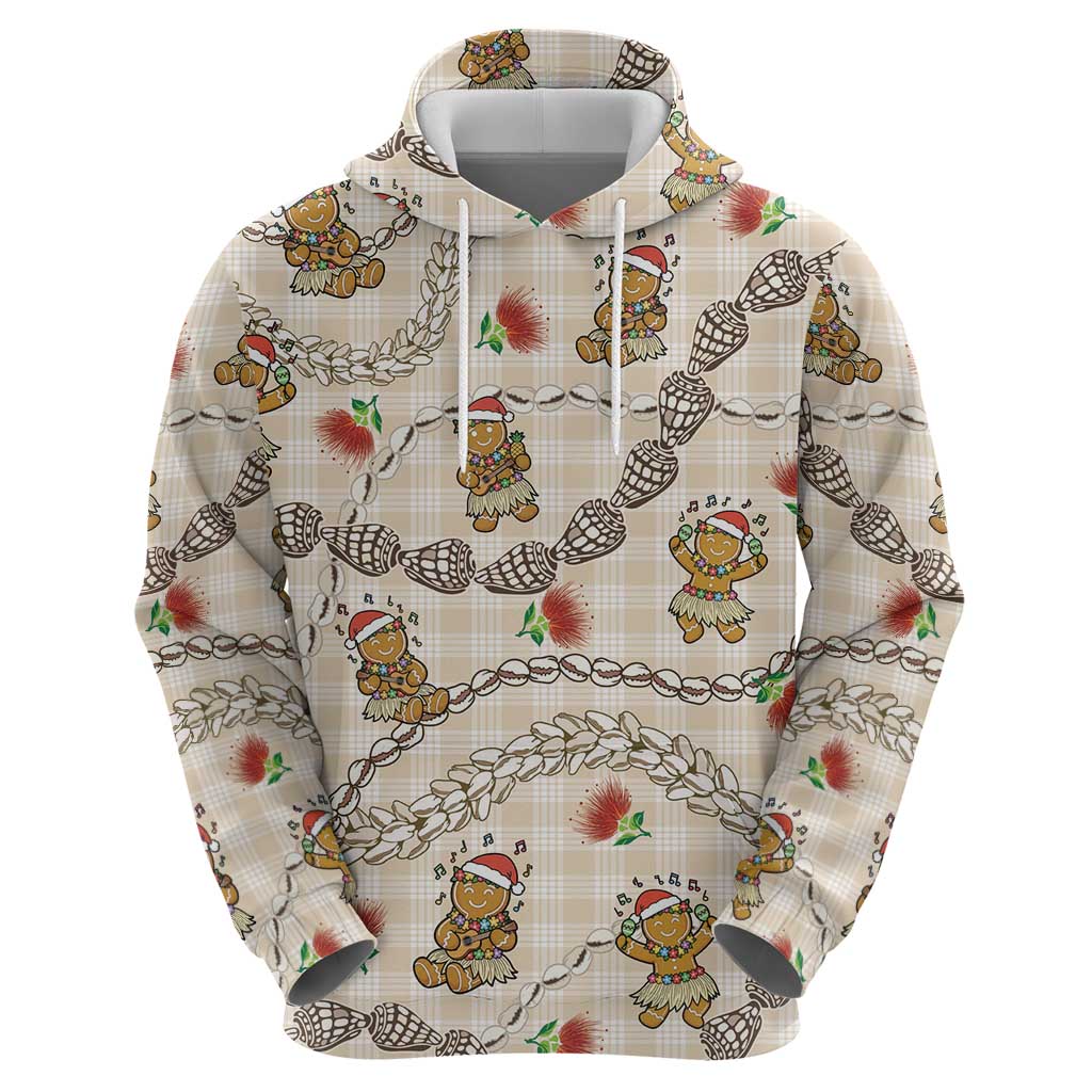 Beige Palaka Hawaii Mele Kalikimaka Zip Hoodie Ohia Lehua Shell Leis Funny Gingerbread Santa LT14 - Polynesian Pride