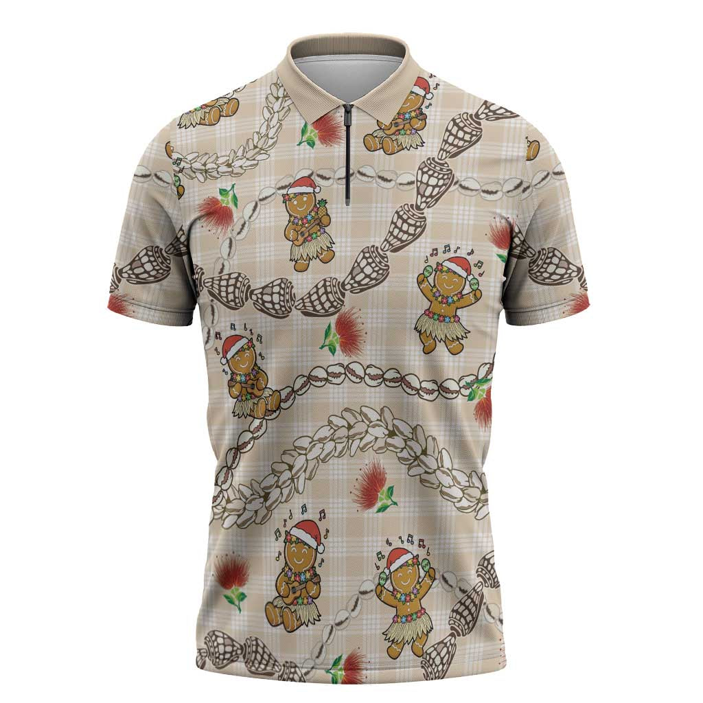Beige Palaka Hawaii Mele Kalikimaka Zipper Polo Shirt Ohia Lehua Shell Leis Funny Gingerbread Santa - Polynesian Pride