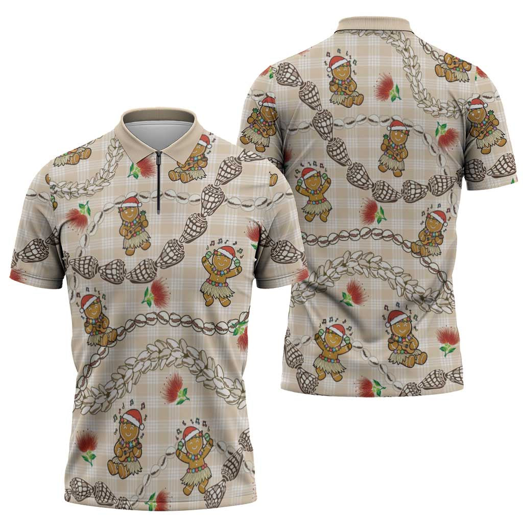 Beige Palaka Hawaii Mele Kalikimaka Zipper Polo Shirt Ohia Lehua Shell Leis Funny Gingerbread Santa LT14 - Polynesian Pride