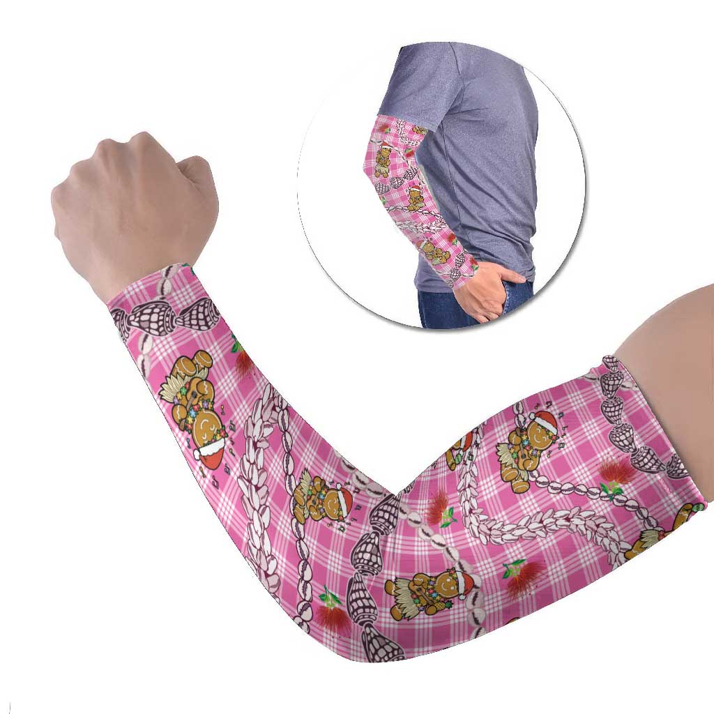 Pink Palaka Hawaii Mele Kalikimaka Arm Sleeves Ohia Lehua Shell Leis Funny Gingerbread Santa - Polynesian Pride