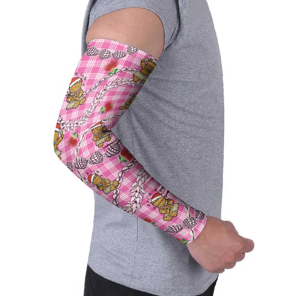 Pink Palaka Hawaii Mele Kalikimaka Arm Sleeves Ohia Lehua Shell Leis Funny Gingerbread Santa - Polynesian Pride
