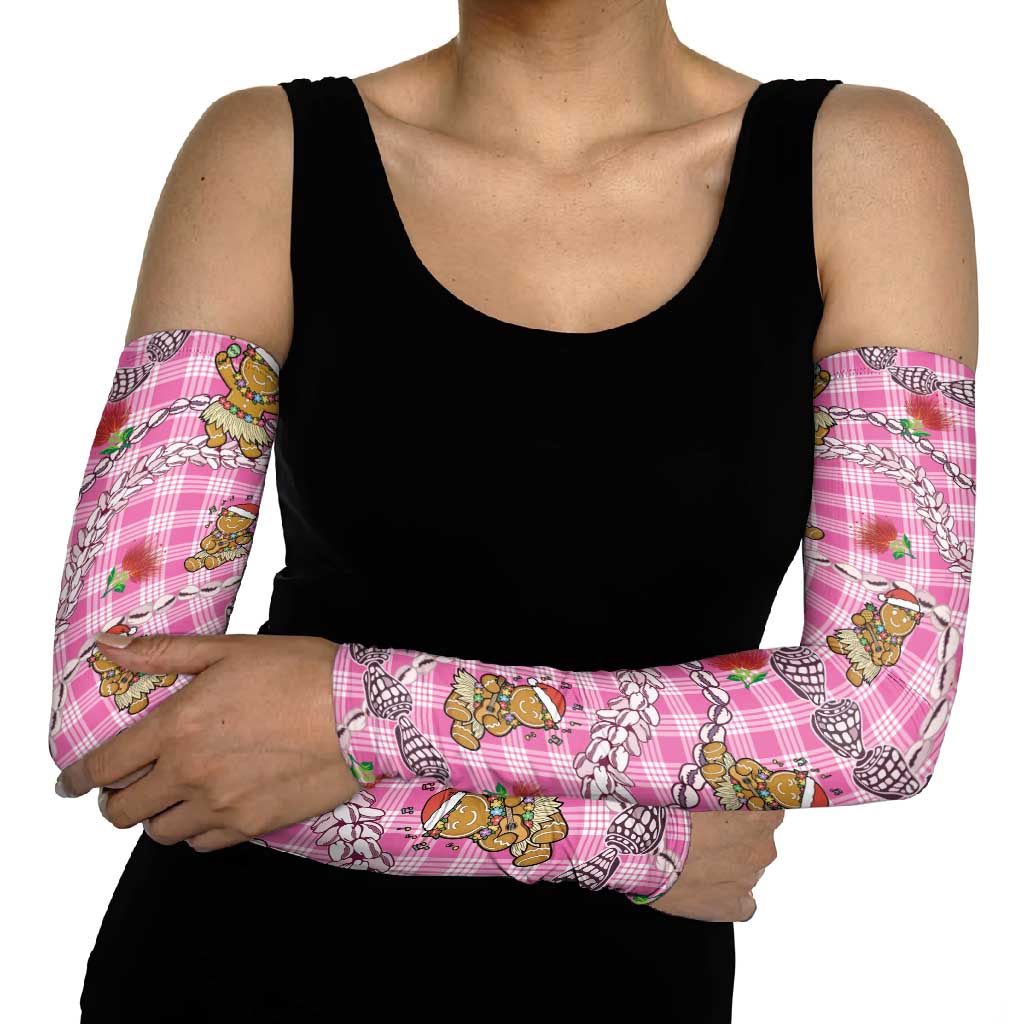Pink Palaka Hawaii Mele Kalikimaka Arm Sleeves Ohia Lehua Shell Leis Funny Gingerbread Santa - Polynesian Pride