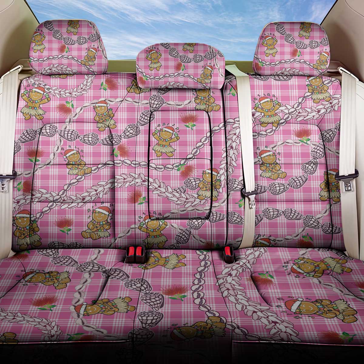 Pink Palaka Hawaii Mele Kalikimaka Back Car Seat Cover Ohia Lehua Shell Leis Funny Gingerbread Santa LT14 One Size Pink - Polynesian Pride