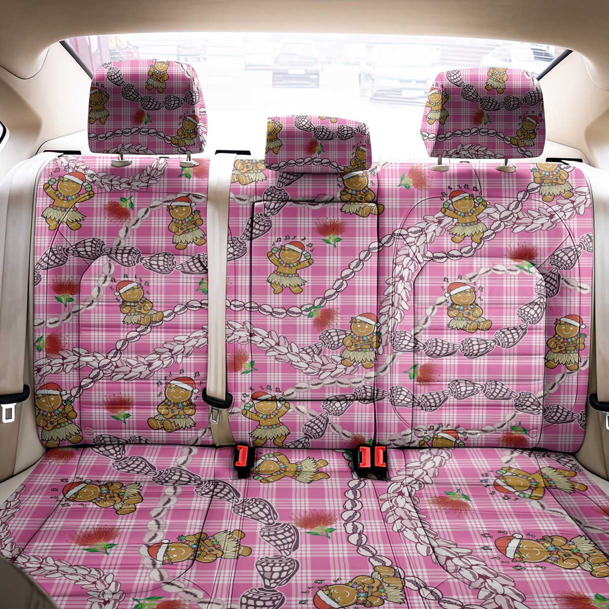 Pink Palaka Hawaii Mele Kalikimaka Back Car Seat Cover Ohia Lehua Shell Leis Funny Gingerbread Santa LT14 - Polynesian Pride
