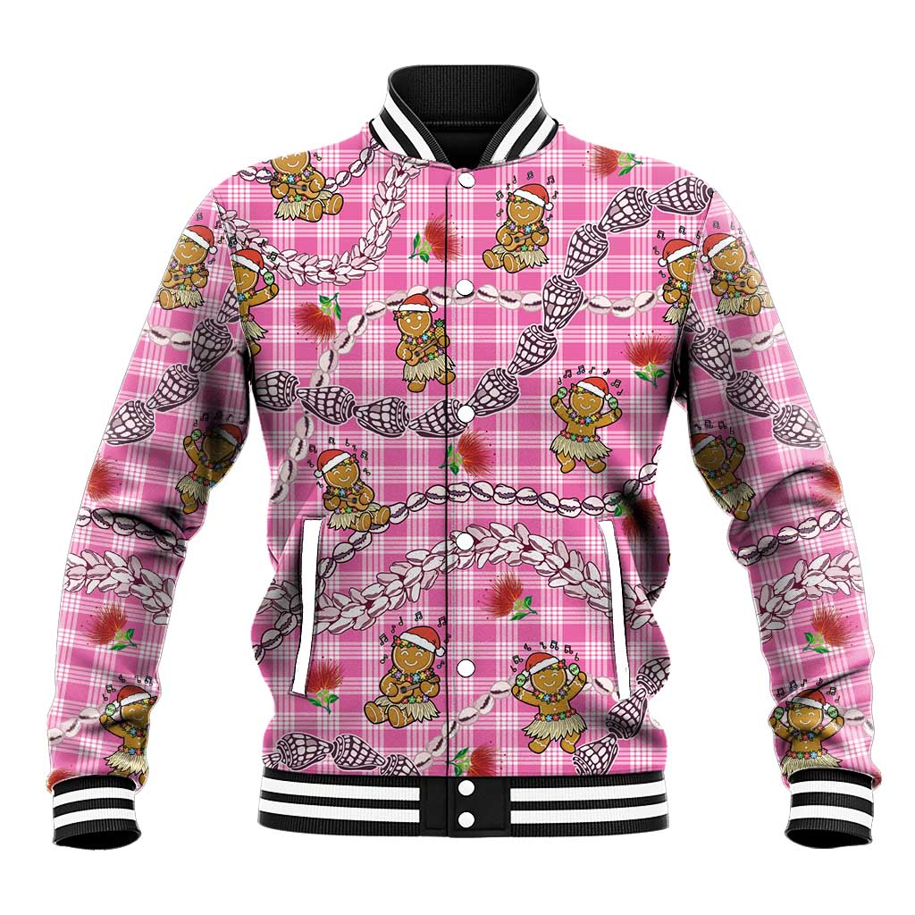 Pink Palaka Hawaii Mele Kalikimaka Baseball Jacket Ohia Lehua Shell Leis Funny Gingerbread Santa LT14 Unisex Pink - Polynesian Pride