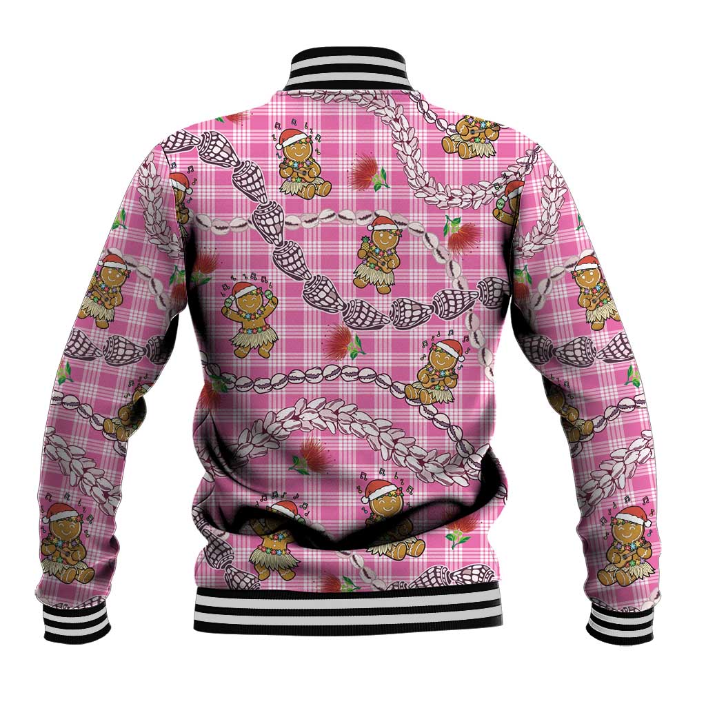 Pink Palaka Hawaii Mele Kalikimaka Baseball Jacket Ohia Lehua Shell Leis Funny Gingerbread Santa LT14 - Polynesian Pride