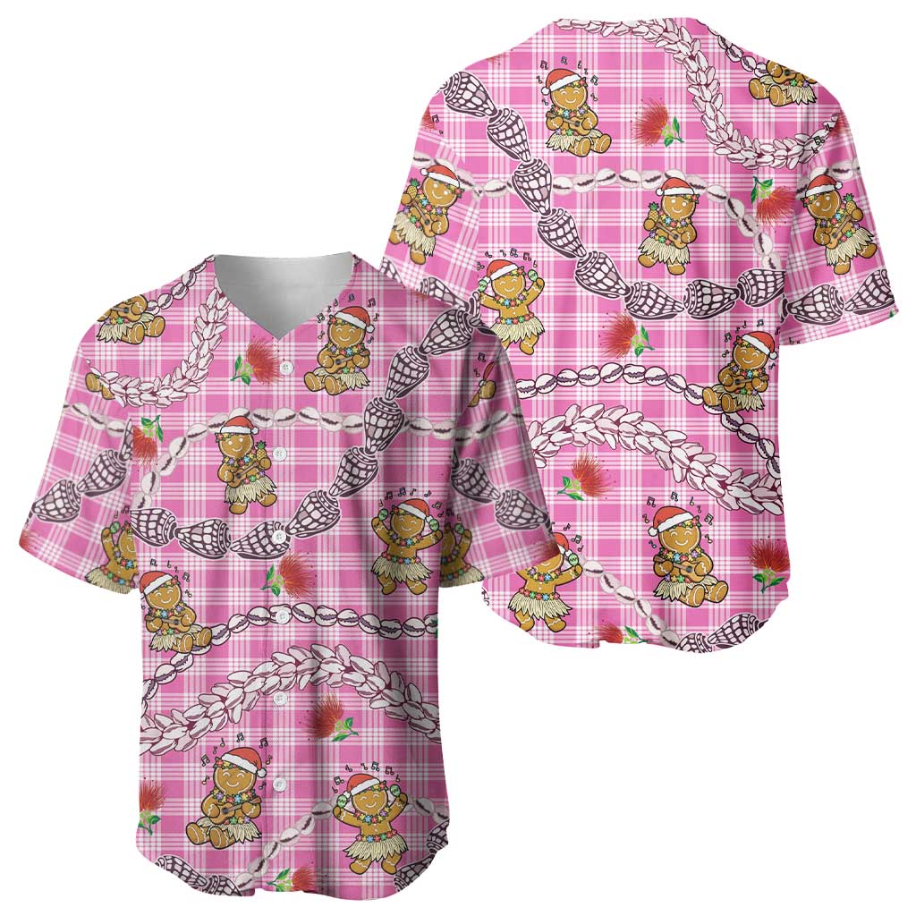 Pink Palaka Hawaii Mele Kalikimaka Baseball Jersey Ohia Lehua Shell Leis Funny Gingerbread Santa - Polynesian Pride