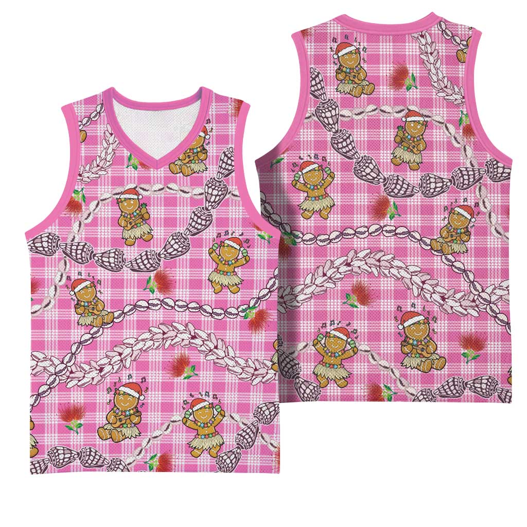 Pink Palaka Hawaii Mele Kalikimaka Basketball Jersey Ohia Lehua Shell Leis Funny Gingerbread Santa LT14 - Polynesian Pride