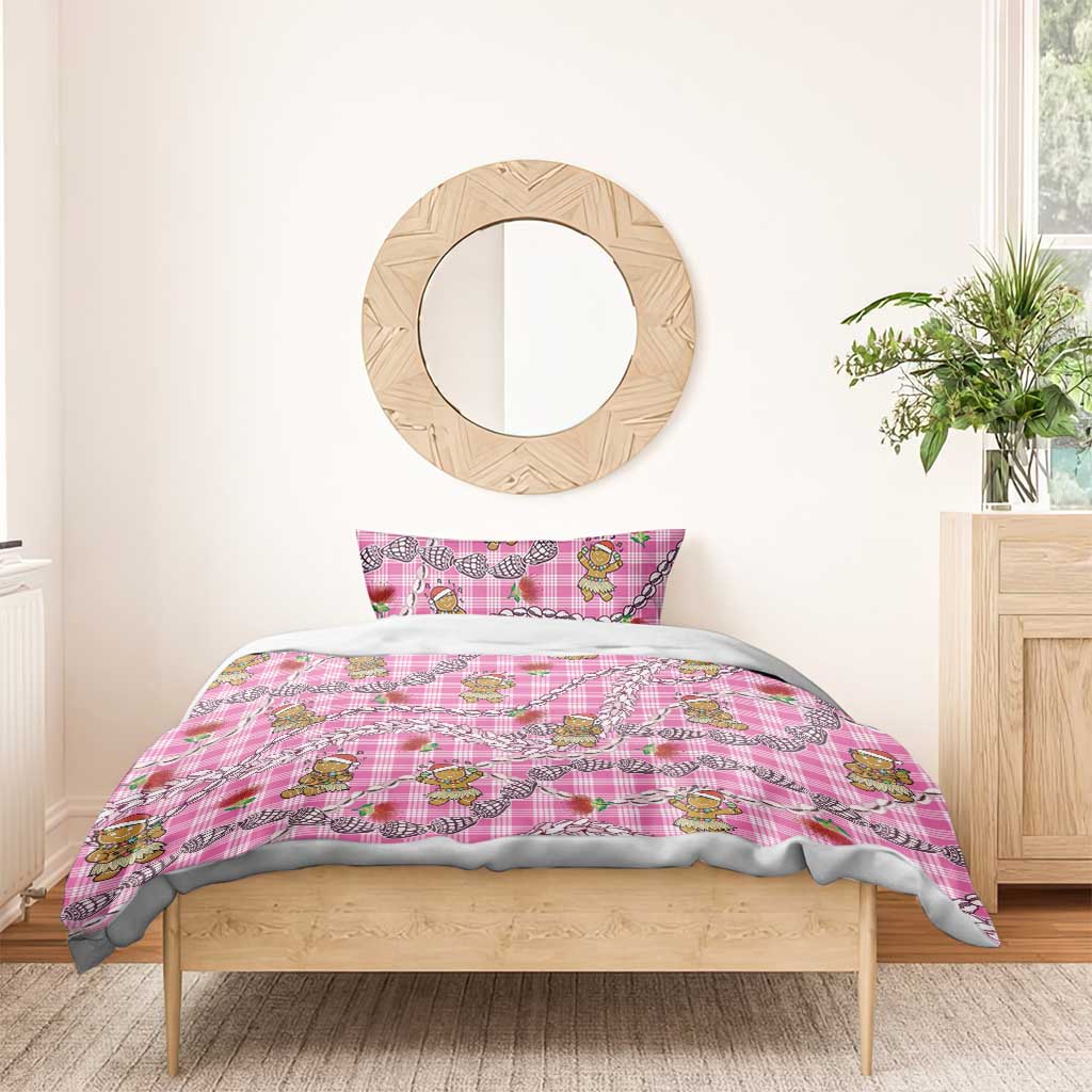 Pink Palaka Hawaii Mele Kalikimaka Bedding Set Ohia Lehua Shell Leis Funny Gingerbread Santa - Polynesian Pride