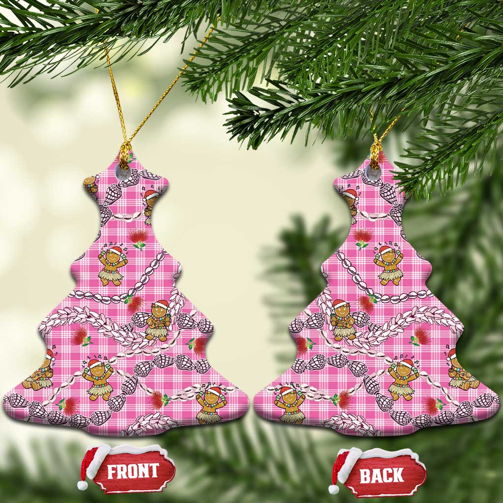 Pink Palaka Hawaii Mele Kalikimaka Ceramic Ornament Ohia Lehua Shell Leis Funny Gingerbread Santa - Polynesian Pride
