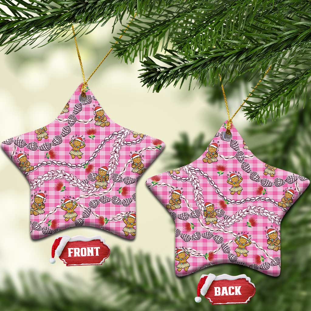Pink Palaka Hawaii Mele Kalikimaka Ceramic Ornament Ohia Lehua Shell Leis Funny Gingerbread Santa - Polynesian Pride