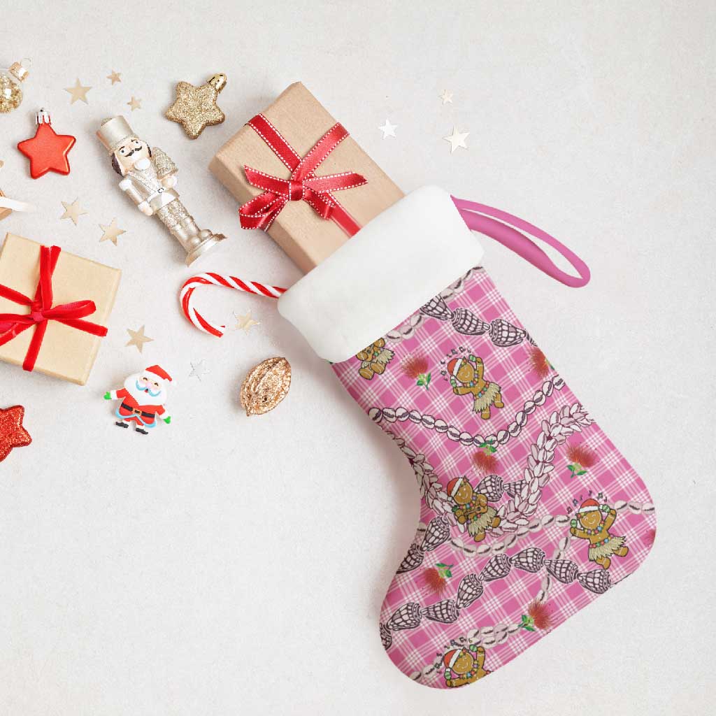 Pink Palaka Hawaii Mele Kalikimaka Christmas Stocking Ohia Lehua Shell Leis Funny Gingerbread Santa - Polynesian Pride
