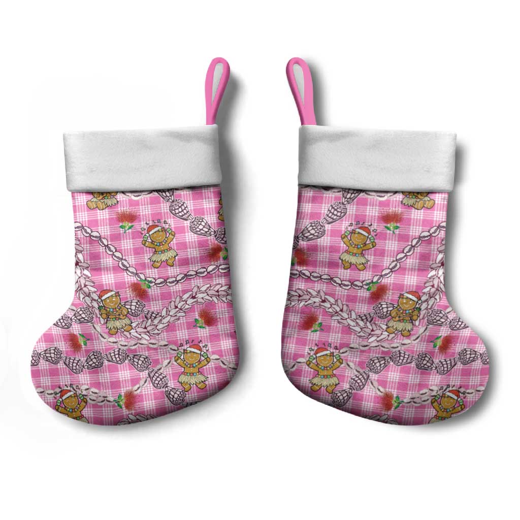 Pink Palaka Hawaii Mele Kalikimaka Christmas Stocking Ohia Lehua Shell Leis Funny Gingerbread Santa - Polynesian Pride