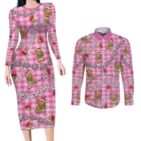 Pink Palaka Hawaii Mele Kalikimaka Couples Matching Long Sleeve Bodycon Dress and Long Sleeve Button Shirt Ohia Lehua Shell Leis Funny Gingerbread Santa LT14 Pink - Polynesian Pride