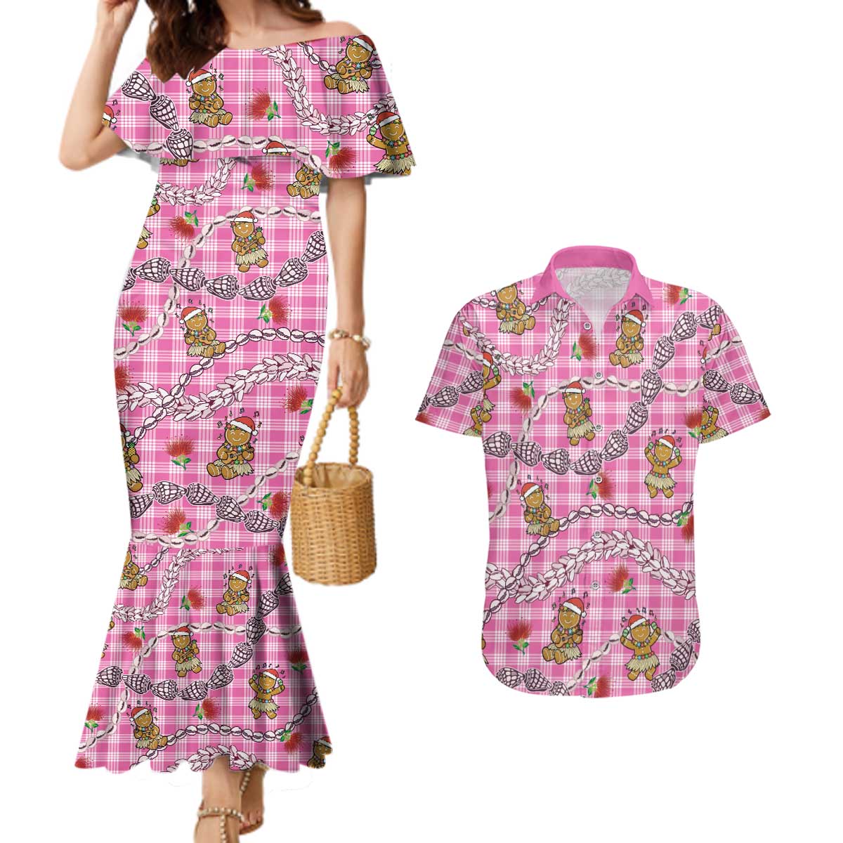 Pink Palaka Hawaii Mele Kalikimaka Couples Matching Mermaid Dress and Hawaiian Shirt Ohia Lehua Shell Leis Funny Gingerbread Santa LT14 Pink - Polynesian Pride