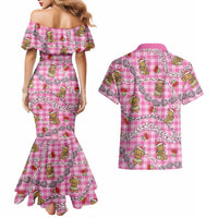 Pink Palaka Hawaii Mele Kalikimaka Couples Matching Mermaid Dress and Hawaiian Shirt Ohia Lehua Shell Leis Funny Gingerbread Santa LT14 - Polynesian Pride