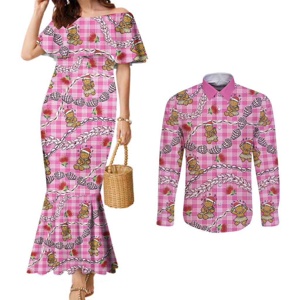 Pink Palaka Hawaii Mele Kalikimaka Couples Matching Mermaid Dress and Long Sleeve Button Shirt Ohia Lehua Shell Leis Funny Gingerbread Santa - Polynesian Pride
