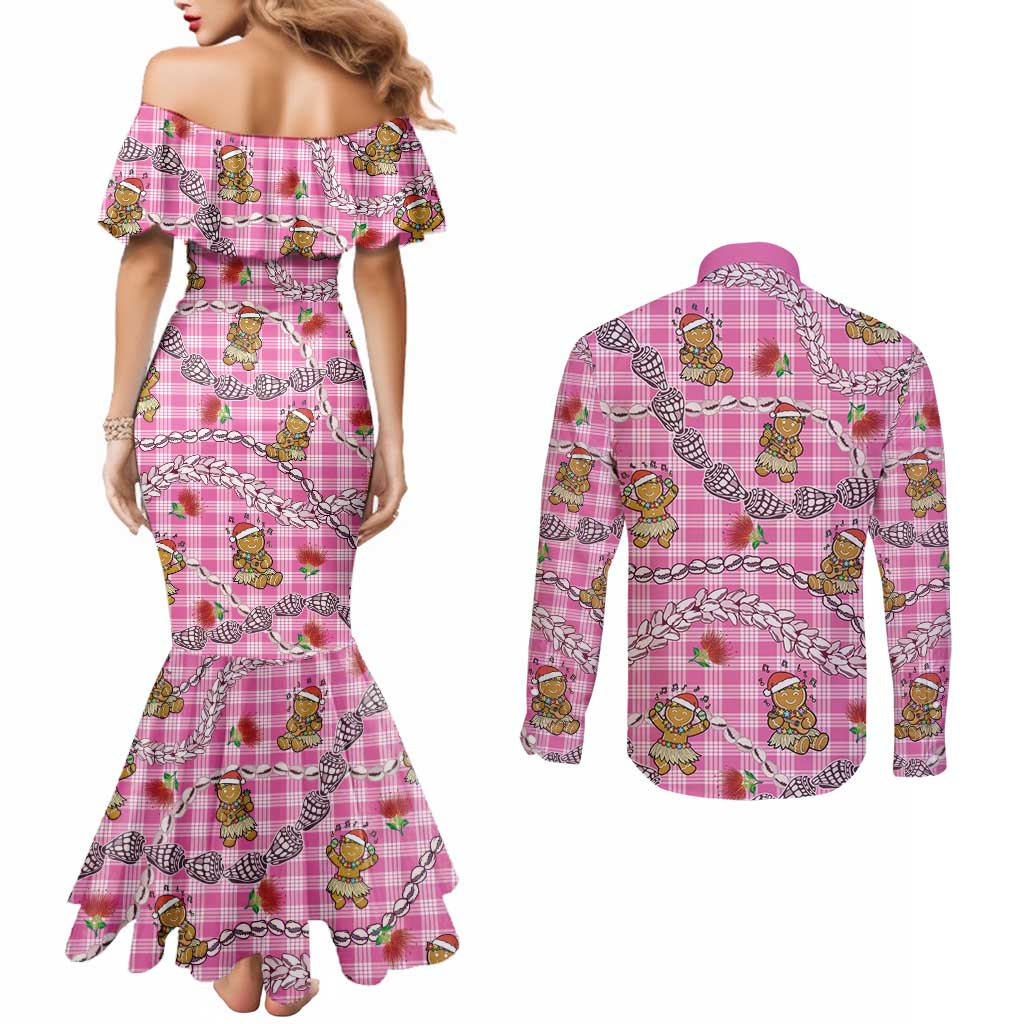 Pink Palaka Hawaii Mele Kalikimaka Couples Matching Mermaid Dress and Long Sleeve Button Shirt Ohia Lehua Shell Leis Funny Gingerbread Santa LT14 - Polynesian Pride