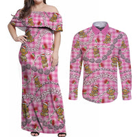 Pink Palaka Hawaii Mele Kalikimaka Couples Matching Off Shoulder Maxi Dress and Long Sleeve Button Shirt Ohia Lehua Shell Leis Funny Gingerbread Santa LT14 Pink - Polynesian Pride