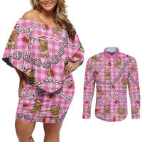 Pink Palaka Hawaii Mele Kalikimaka Couples Matching Off Shoulder Short Dress and Long Sleeve Button Shirt Ohia Lehua Shell Leis Funny Gingerbread Santa LT14 Pink - Polynesian Pride
