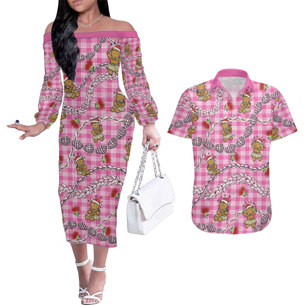 Pink Palaka Hawaii Mele Kalikimaka Couples Matching Off The Shoulder Long Sleeve Dress and Hawaiian Shirt Ohia Lehua Shell Leis Funny Gingerbread Santa LT14 Pink - Polynesian Pride