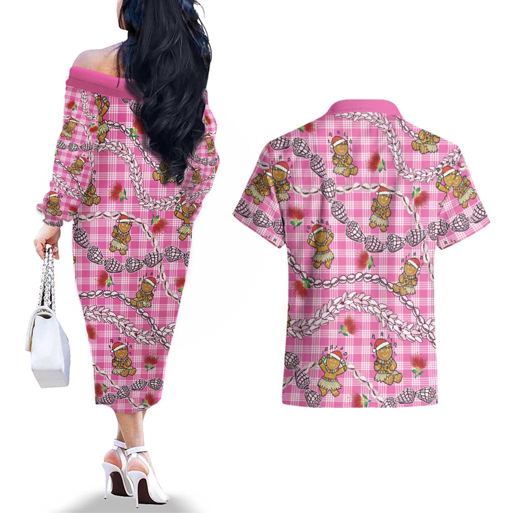 Pink Palaka Hawaii Mele Kalikimaka Couples Matching Off The Shoulder Long Sleeve Dress and Hawaiian Shirt Ohia Lehua Shell Leis Funny Gingerbread Santa LT14 - Polynesian Pride