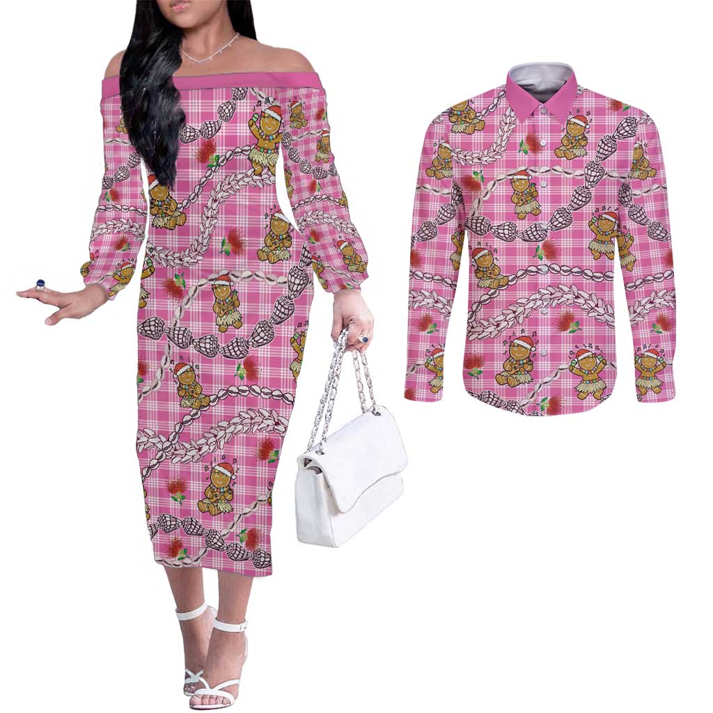 Pink Palaka Hawaii Mele Kalikimaka Couples Matching Off The Shoulder Long Sleeve Dress and Long Sleeve Button Shirt Ohia Lehua Shell Leis Funny Gingerbread Santa - Polynesian Pride