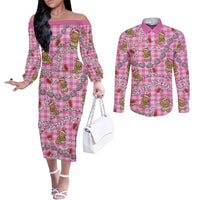 Pink Palaka Hawaii Mele Kalikimaka Couples Matching Off The Shoulder Long Sleeve Dress and Long Sleeve Button Shirt Ohia Lehua Shell Leis Funny Gingerbread Santa LT14 Pink - Polynesian Pride