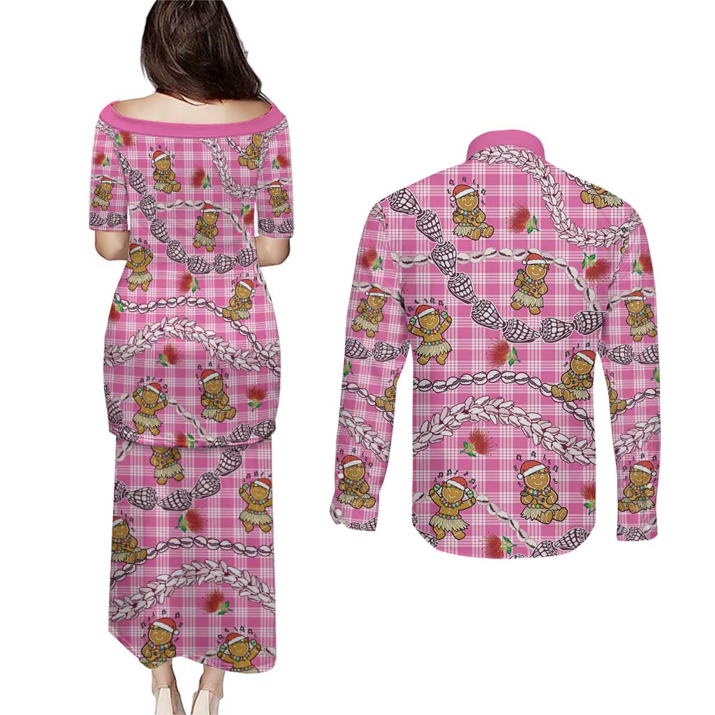 Pink Palaka Hawaii Mele Kalikimaka Couples Matching Puletasi and Long Sleeve Button Shirt Ohia Lehua Shell Leis Funny Gingerbread Santa LT14 - Polynesian Pride