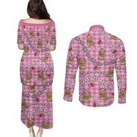 Pink Palaka Hawaii Mele Kalikimaka Couples Matching Puletasi and Long Sleeve Button Shirt Ohia Lehua Shell Leis Funny Gingerbread Santa LT14 - Polynesian Pride
