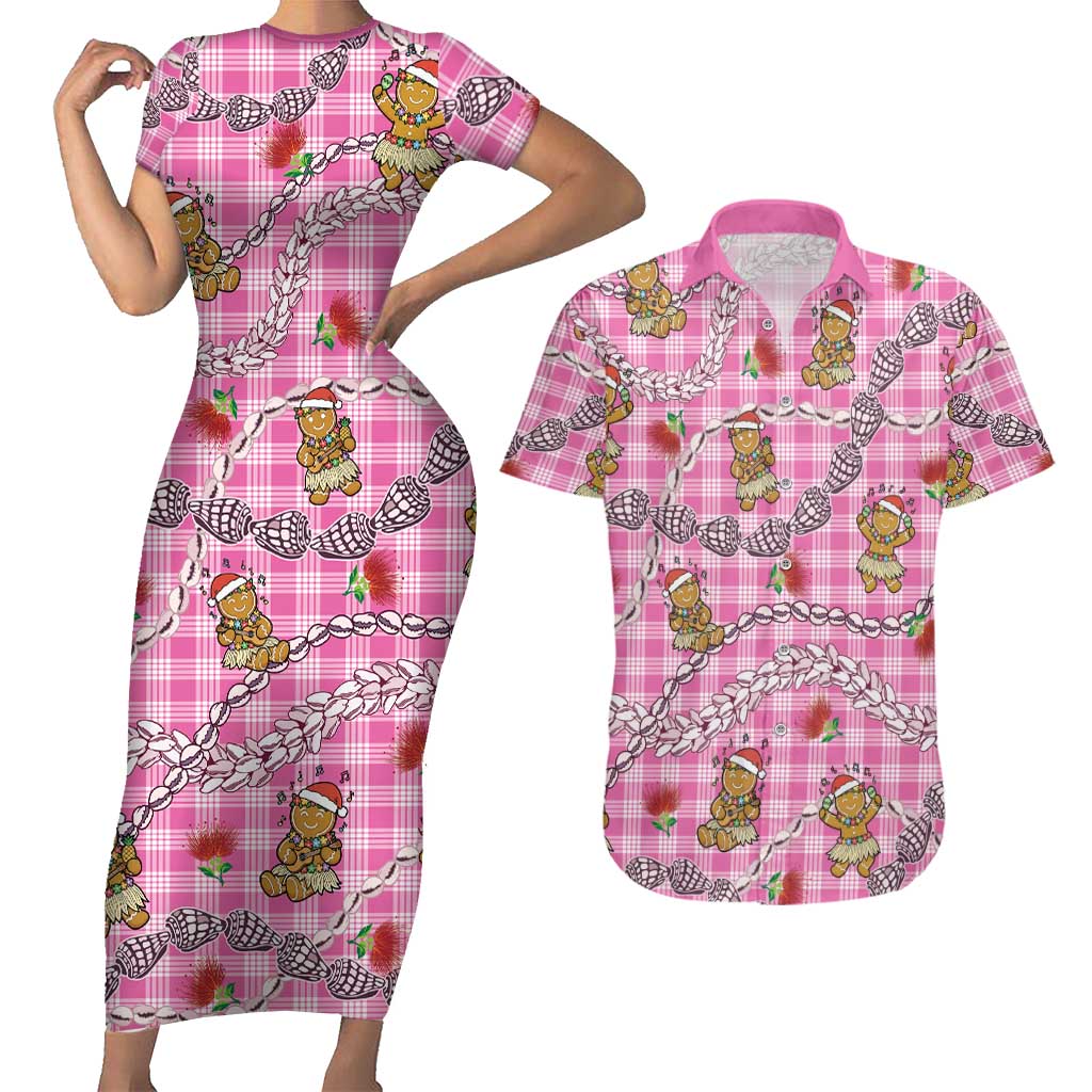 Pink Palaka Hawaii Mele Kalikimaka Couples Matching Short Sleeve Bodycon Dress and Hawaiian Shirt Ohia Lehua Shell Leis Funny Gingerbread Santa LT14 Pink - Polynesian Pride