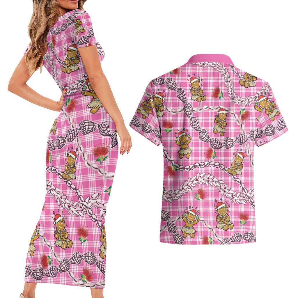 Pink Palaka Hawaii Mele Kalikimaka Couples Matching Short Sleeve Bodycon Dress and Hawaiian Shirt Ohia Lehua Shell Leis Funny Gingerbread Santa LT14 - Polynesian Pride