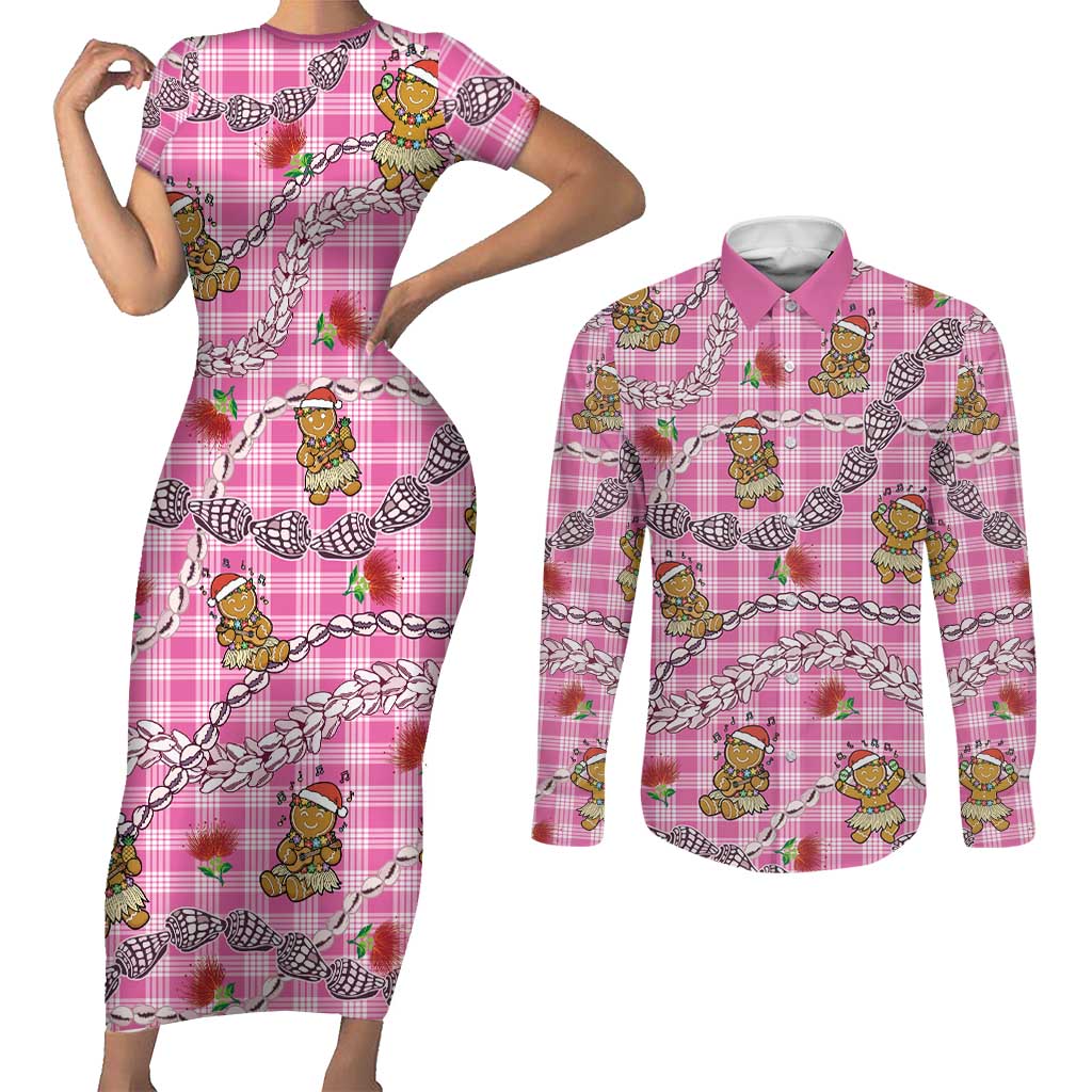 Pink Palaka Hawaii Mele Kalikimaka Couples Matching Short Sleeve Bodycon Dress and Long Sleeve Button Shirt Ohia Lehua Shell Leis Funny Gingerbread Santa - Polynesian Pride